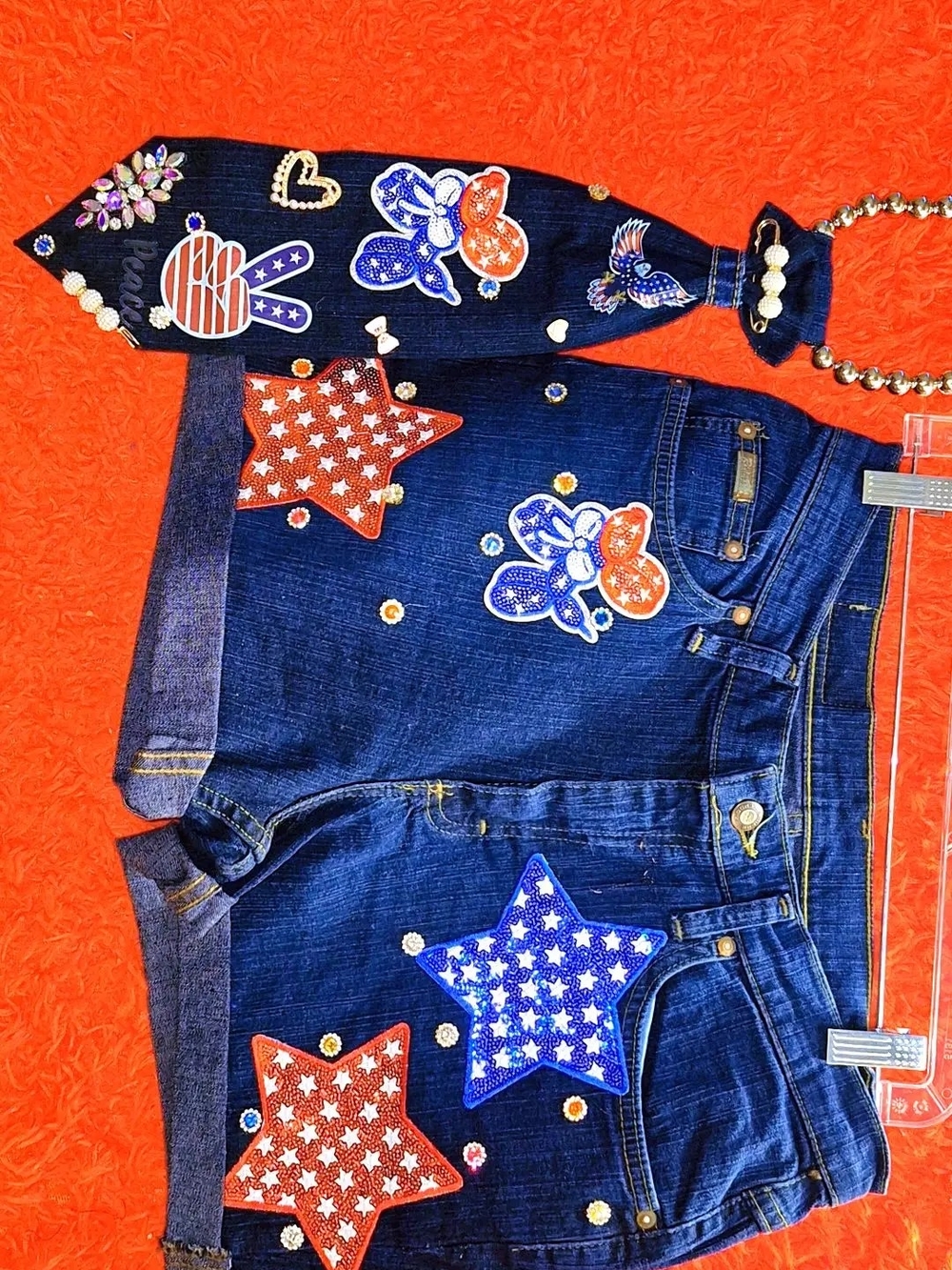 Dark Blue Women’s Embellished Denim Shorts - Star Patch Detail